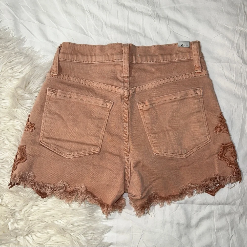 KanCan (Buckle) | Kaimi High Rise Pink Denim Shorts Crochet Lace Frayed Hem 23